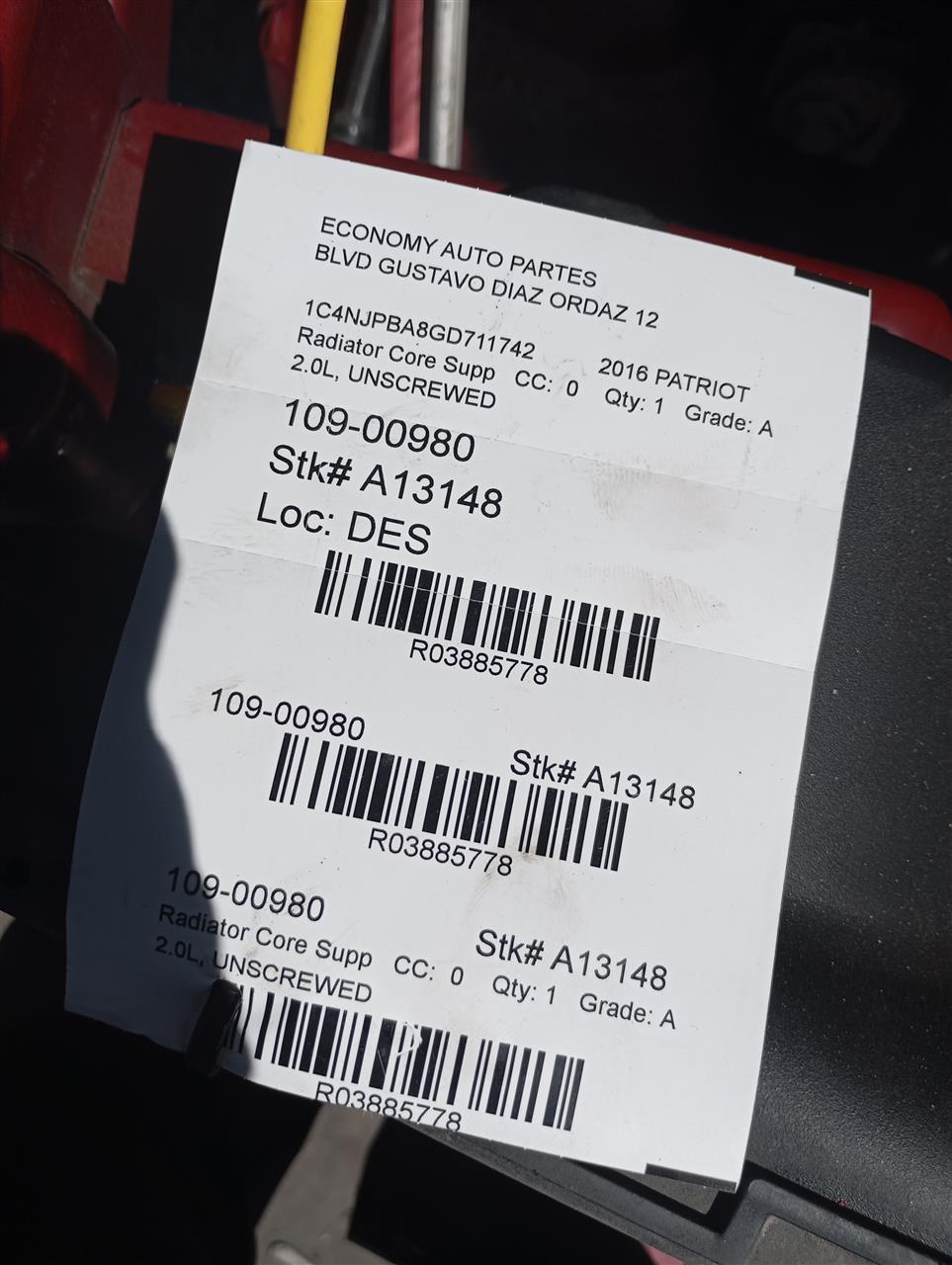 2016 Jeep PATRIOT Radiator Core Supp