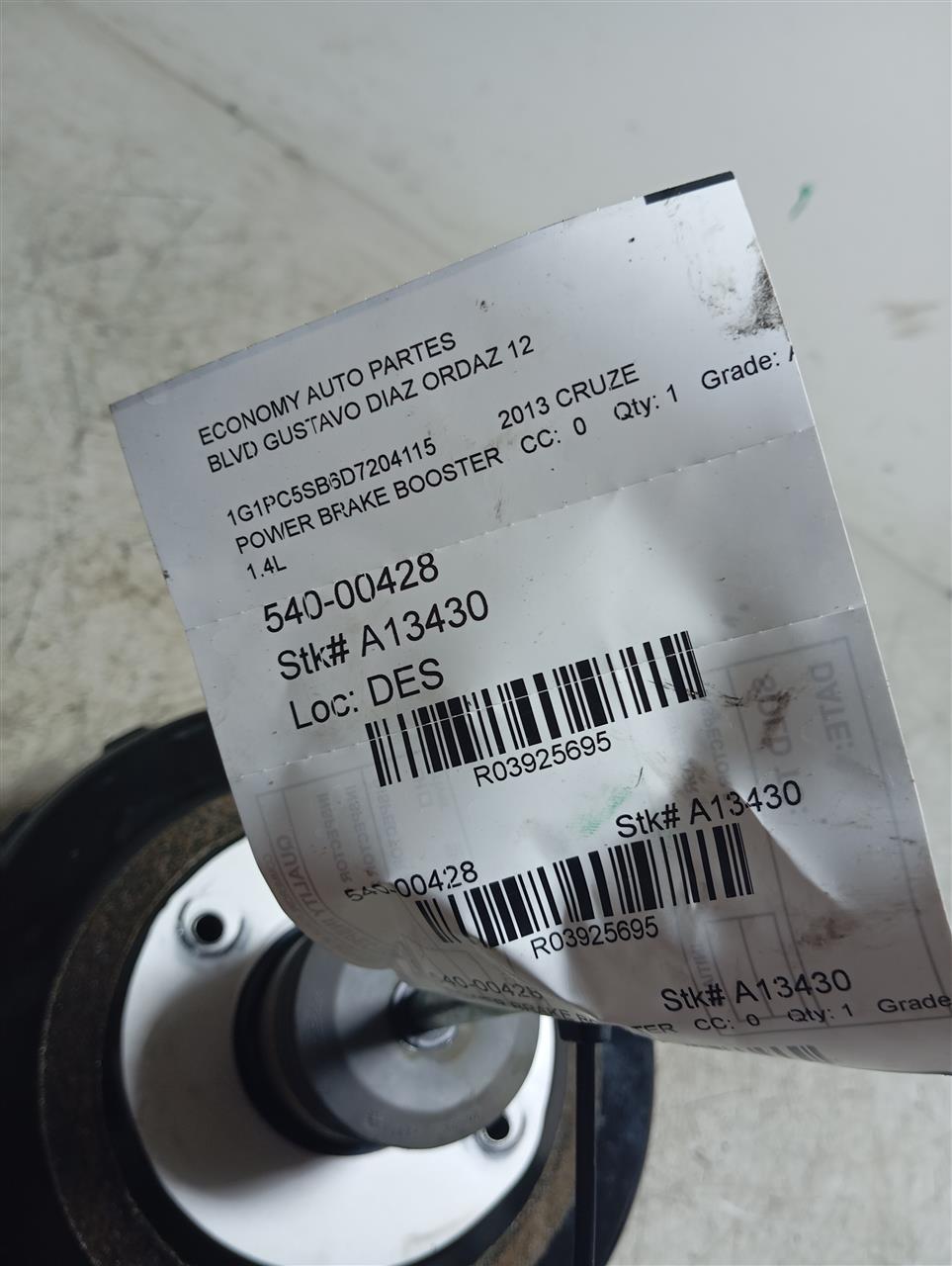 2013 General Motors CRUZE Power Brake Booster
