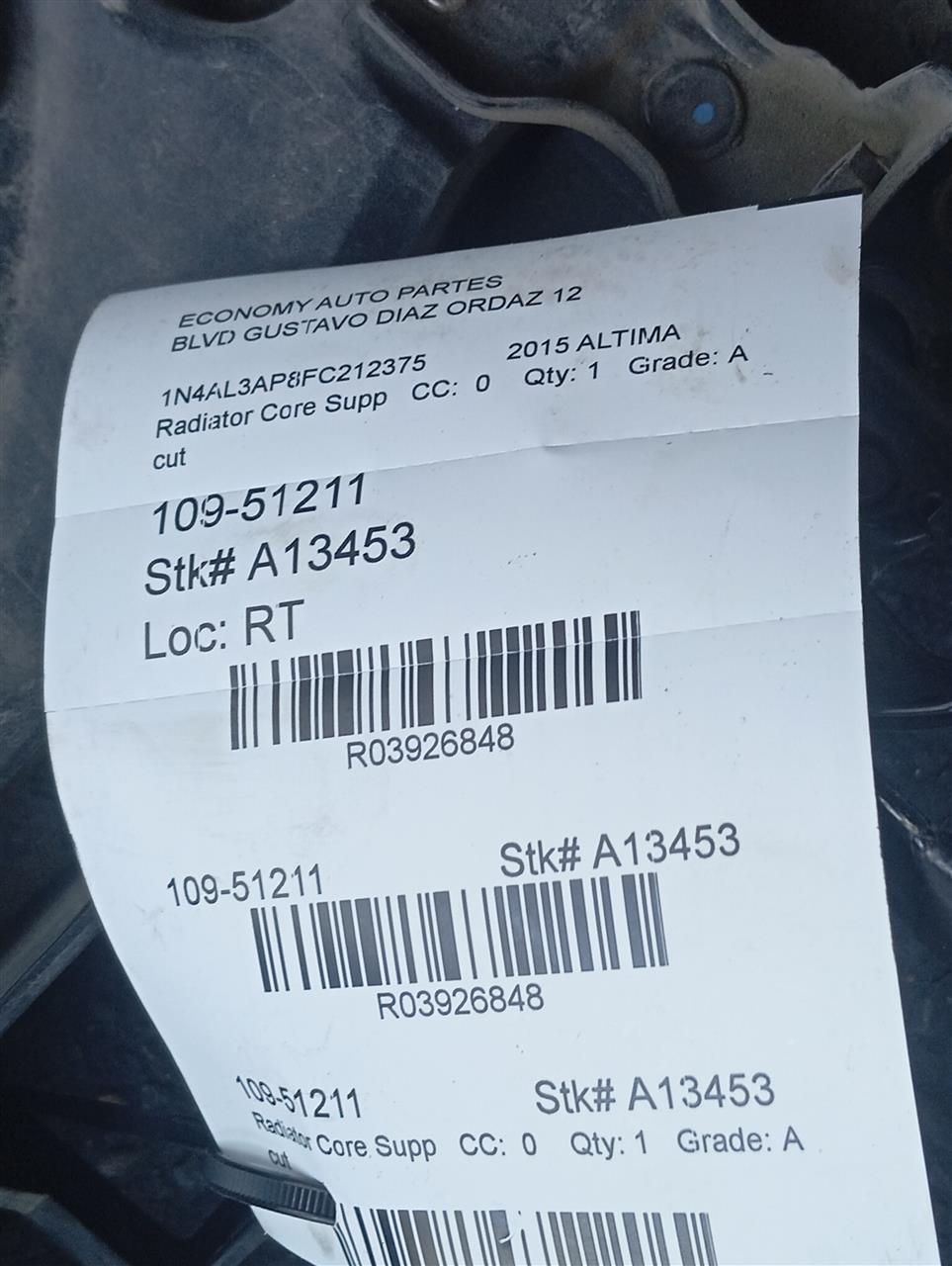 2015 Nissan ALTIMA Radiator Core Supp