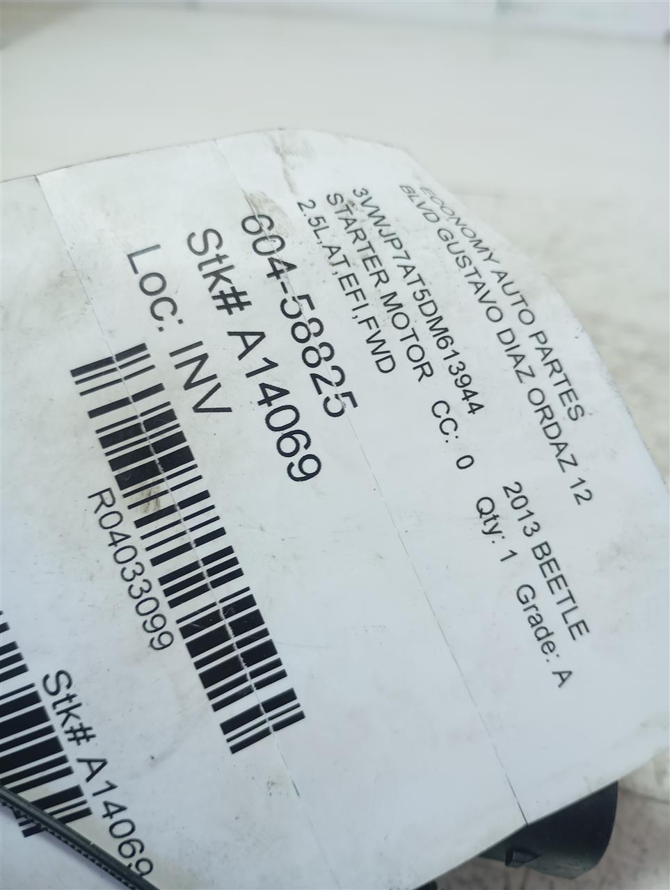 Used 2013 Volkswagen BEETLE Starter Motor - Stock #A14069