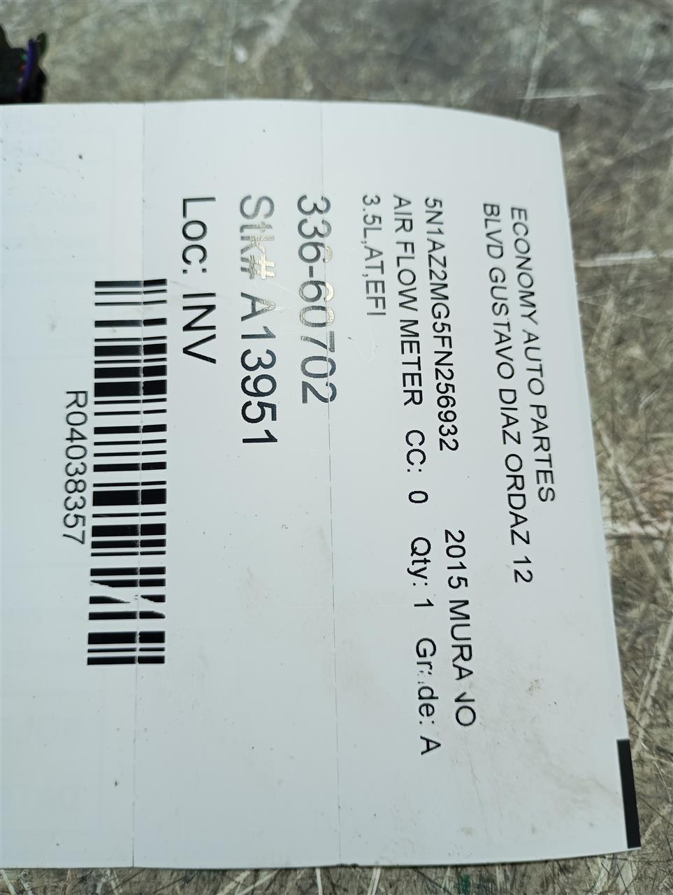 2015 Nissan MURANO Air Flow Meter