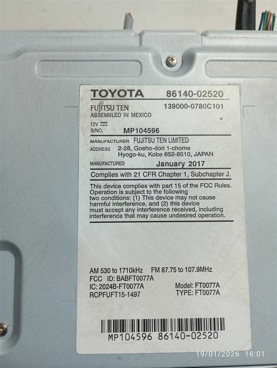 Used 2017 Toyota COROLLA ID 100639 on radio face - Stock #A14141