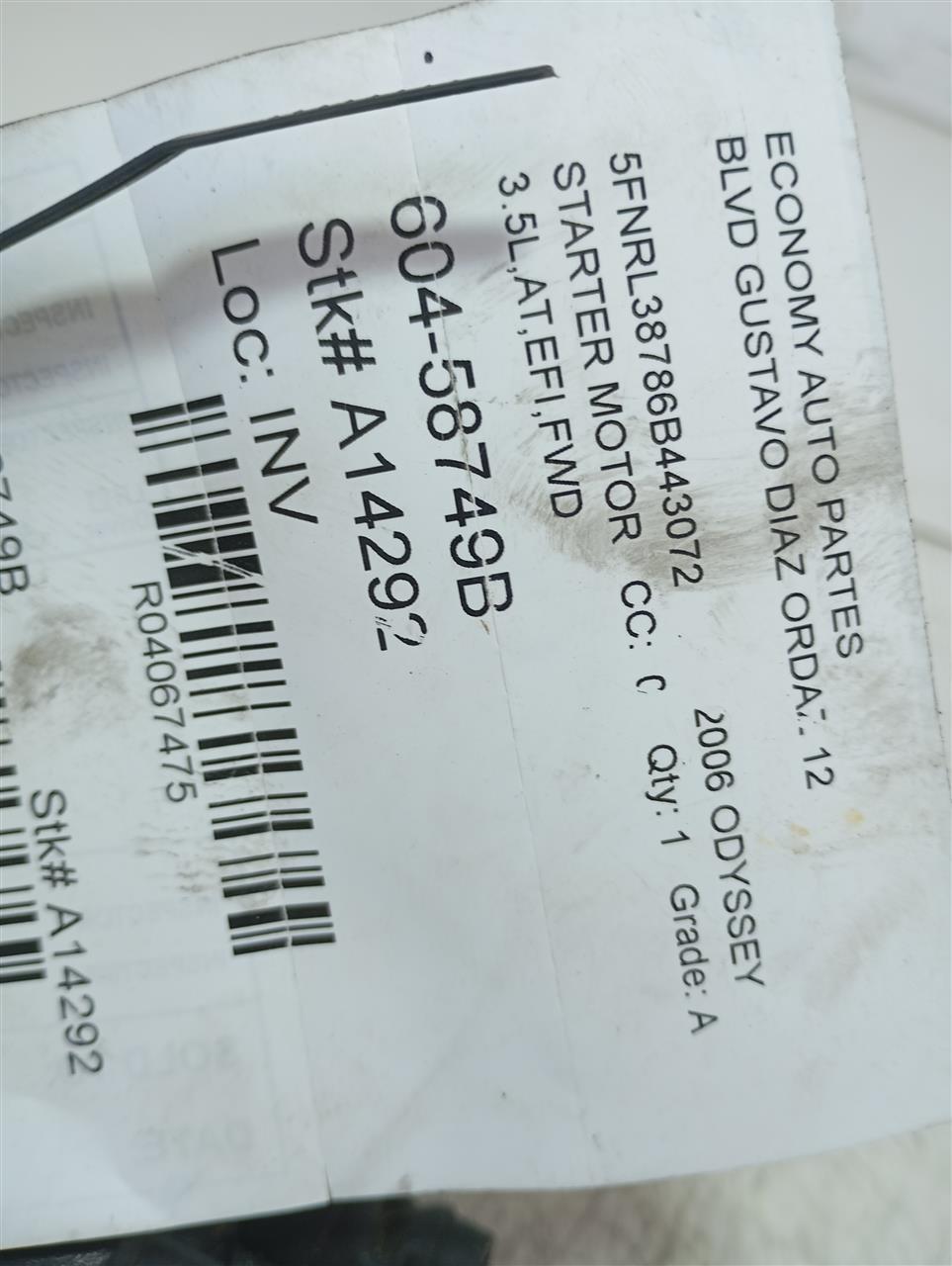 Used 2006 Honda ODYSSEY Starter Motor - Stock #A14292