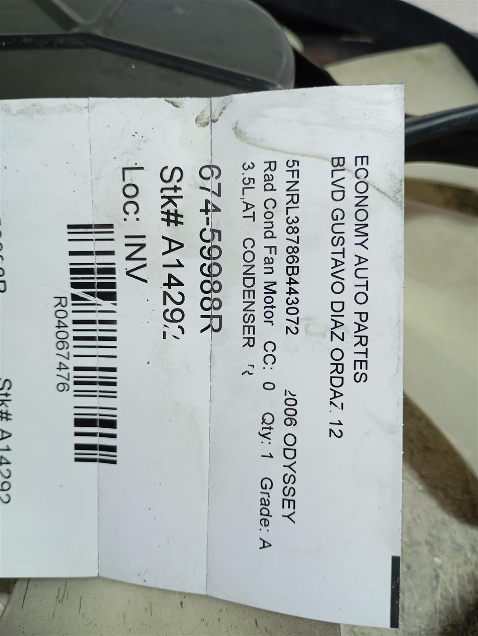 2006 Honda ODYSSEY Rad Cond Fan Motor