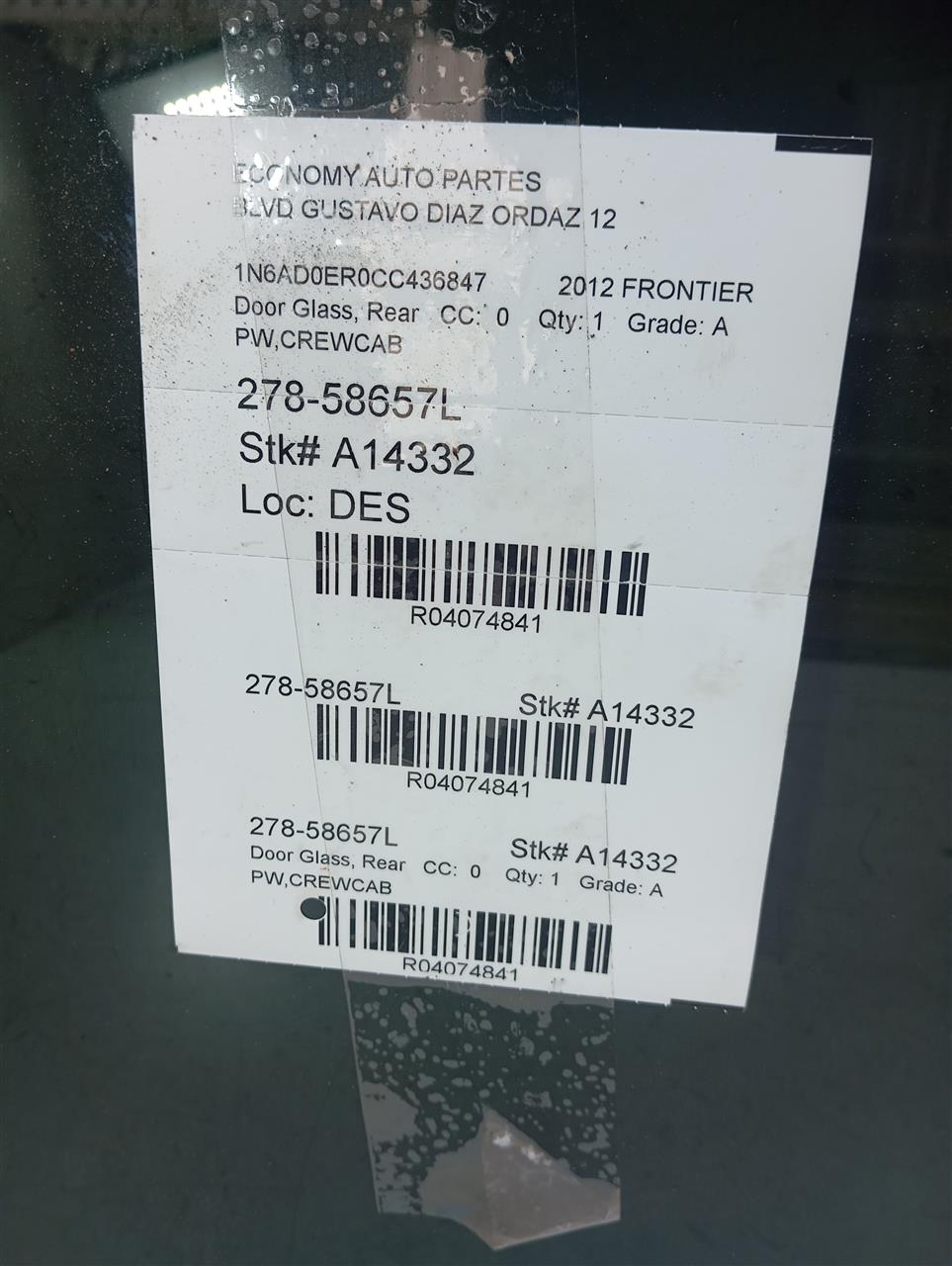 2012 Nissan FRONTIER Door Glass, Rear