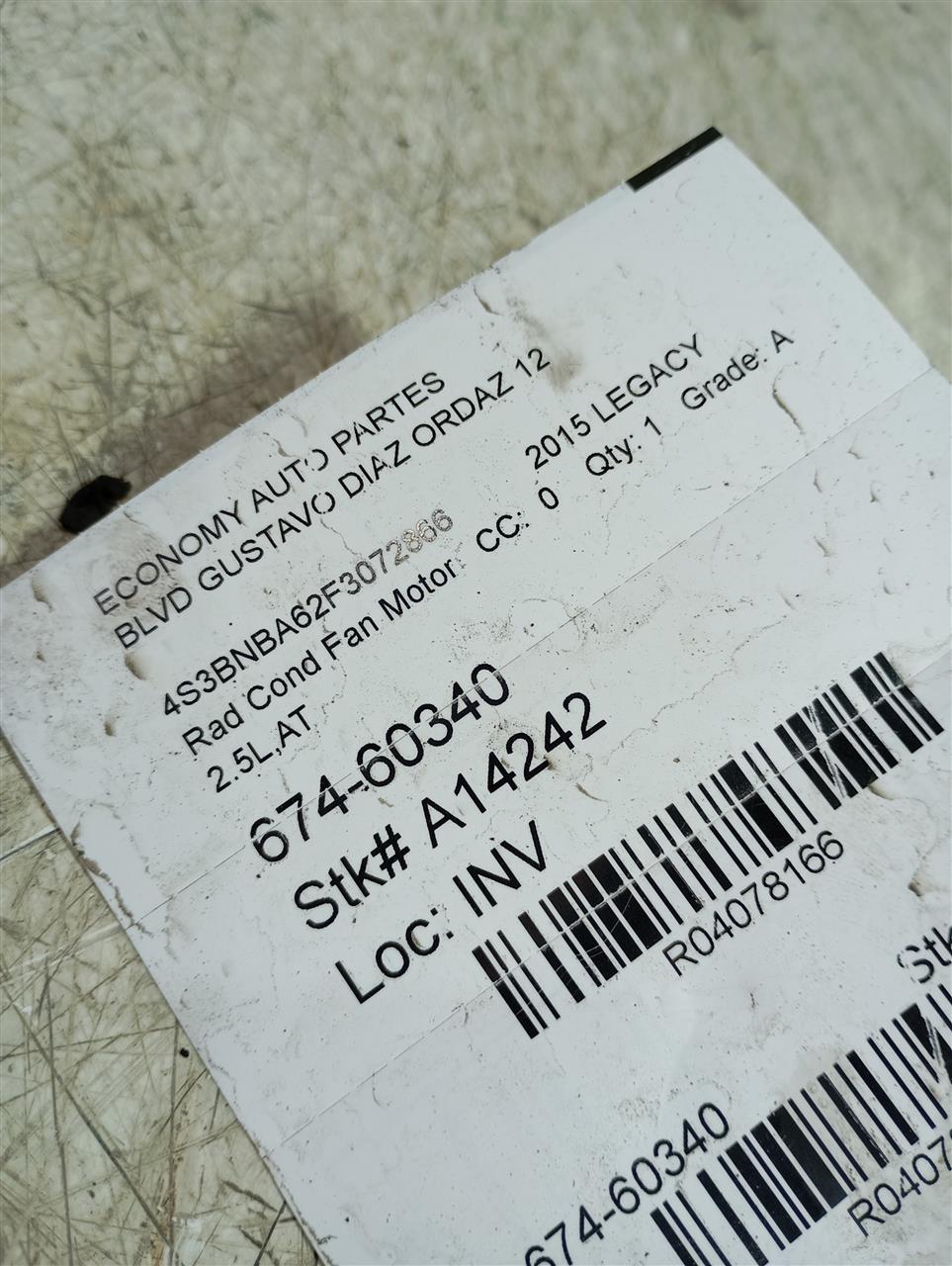 2015 Subaru LEGACY Rad Cond Fan Motor