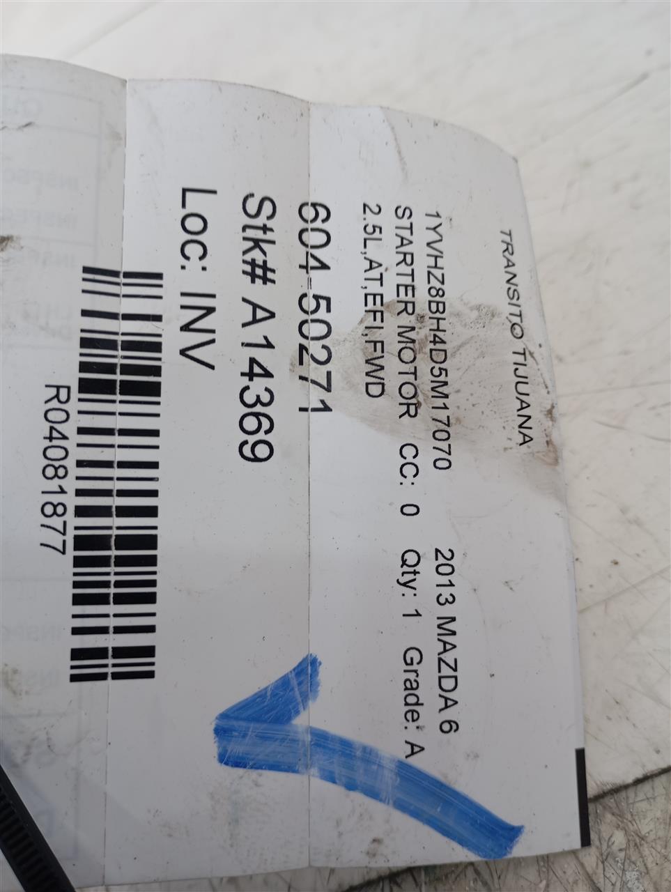 Used 2013 Mazda MAZDA 6 Starter Motor - Stock #A14369