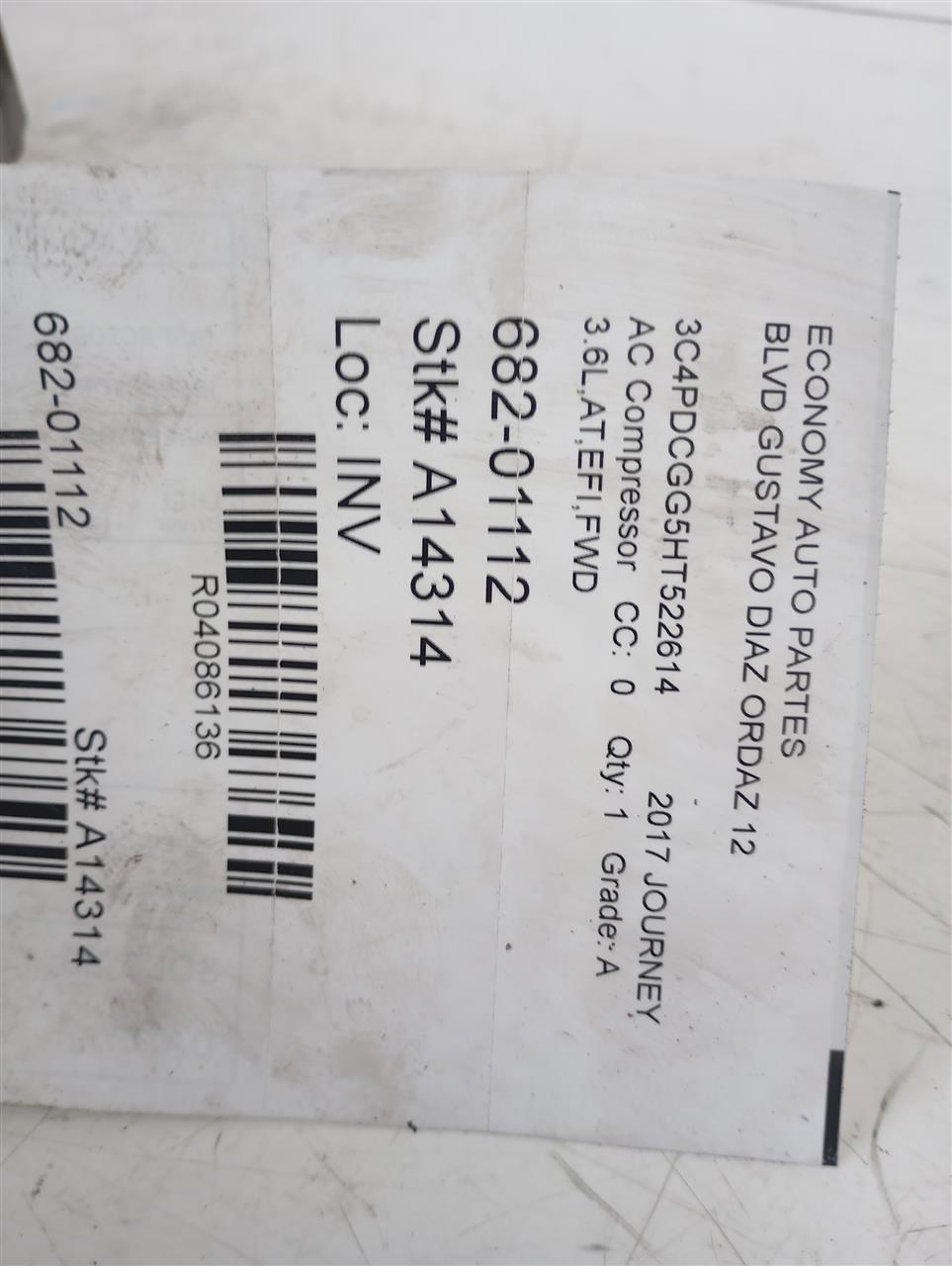 Used 2017 Chrysler JOURNEY AC Compressor - Stock #A14314
