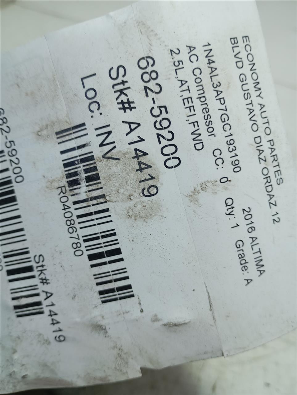 Used 2016 Nissan ALTIMA AC Compressor - Stock #A14419