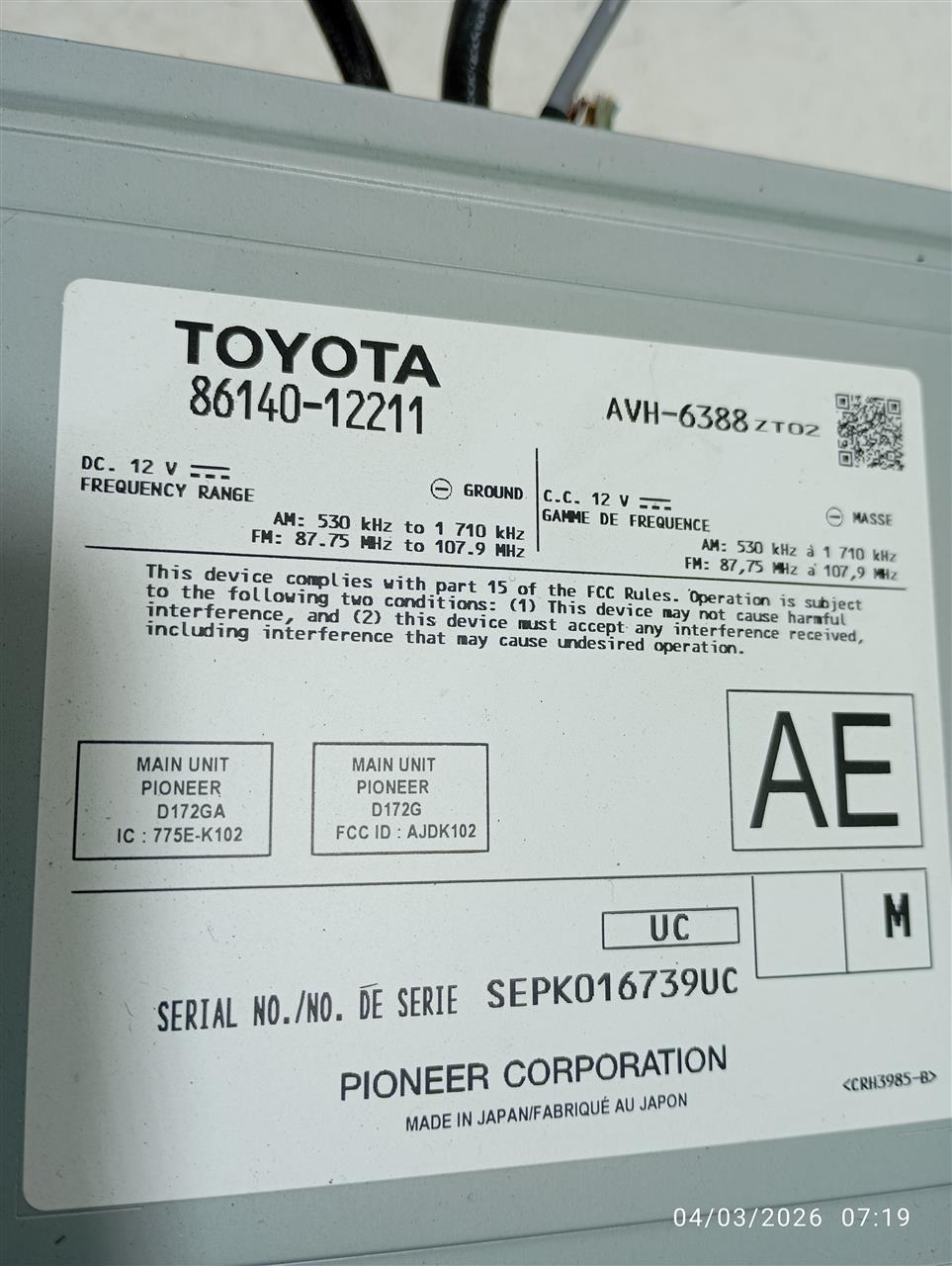 Used 2019 Toyota COROLLA ID 86140-12211 - Stock #A14460