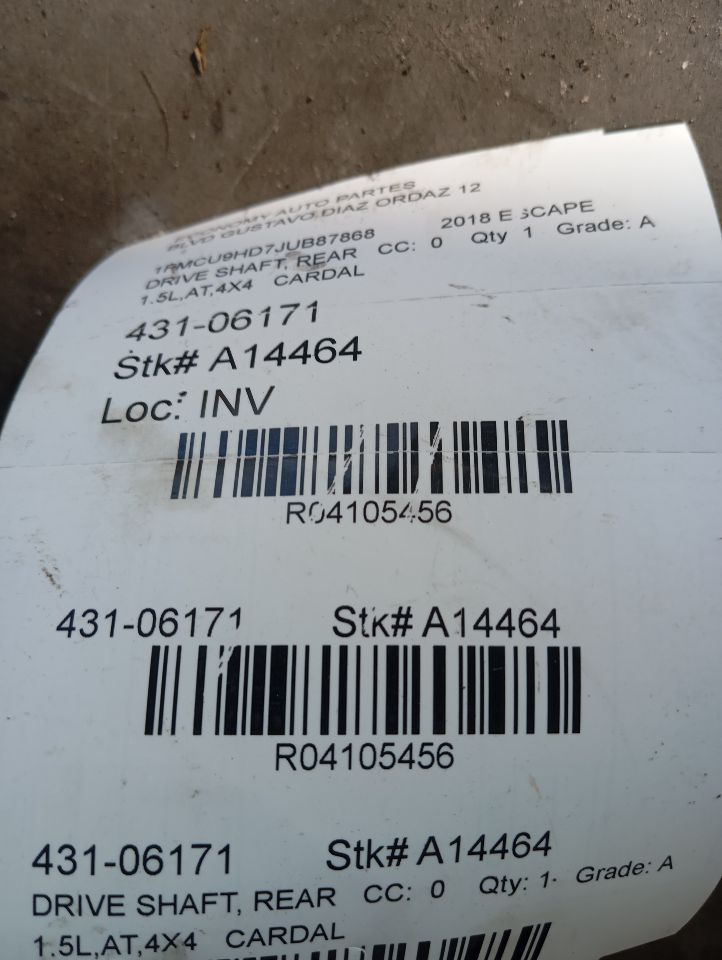 2018 Ford ESCAPE Drive Shaft, Rear