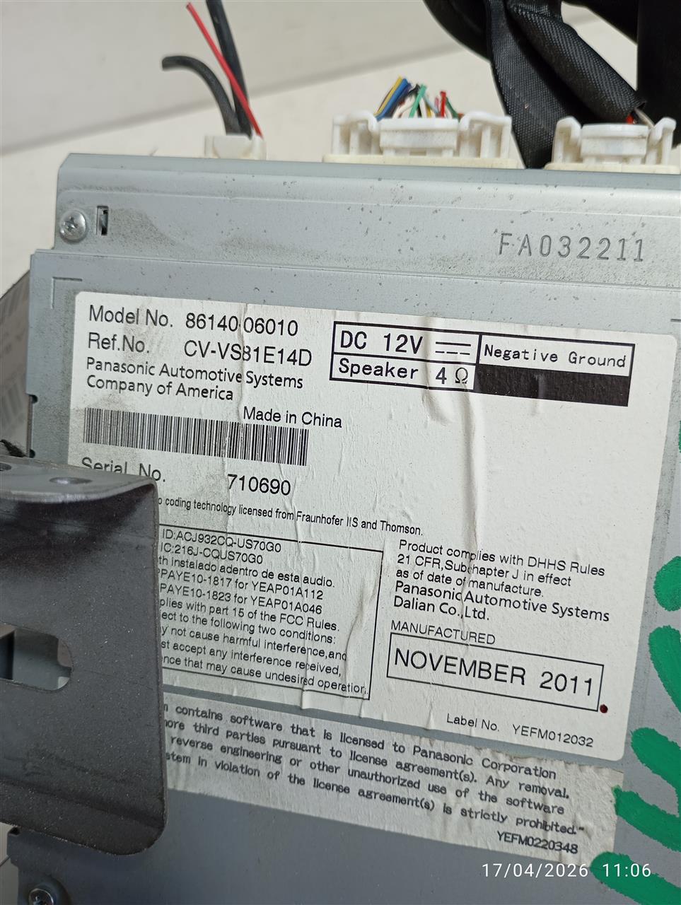 Used 2012 Toyota CAMRY ID 57012 on radio face - Stock #A14636