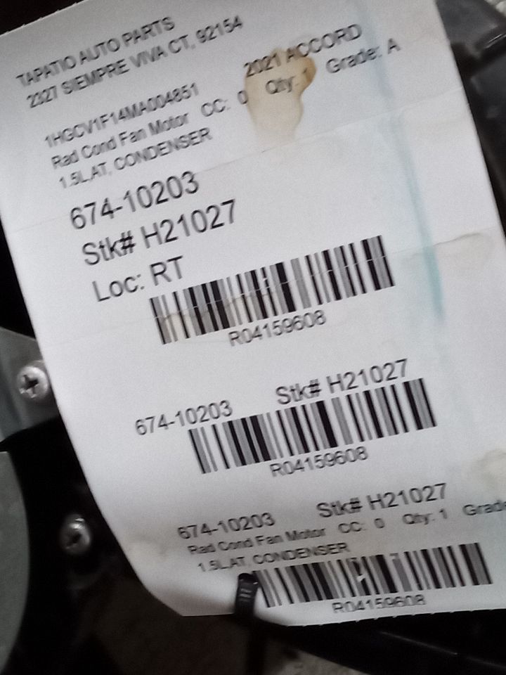 2021 Honda ACCORD Rad Cond Fan Motor