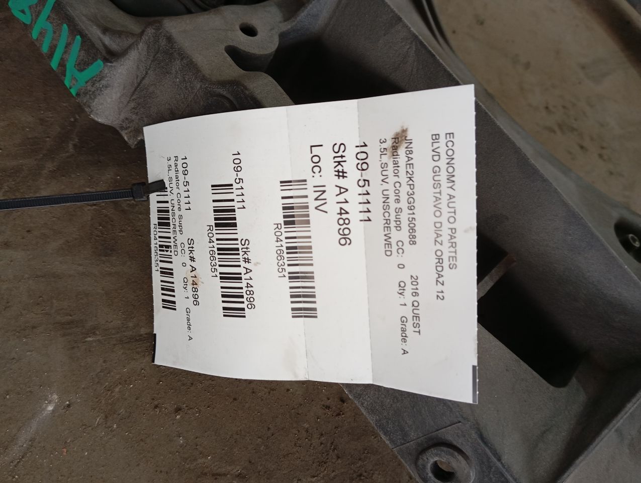 2016 Nissan QUEST Radiator Core Supp