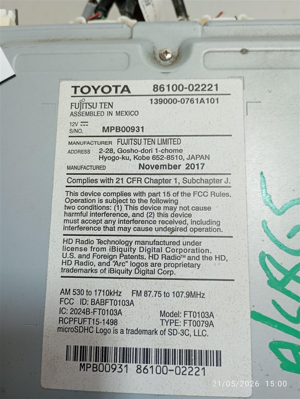 Used 2018 Toyota COROLLA ID 100639 on radio face - Stock #A14865
