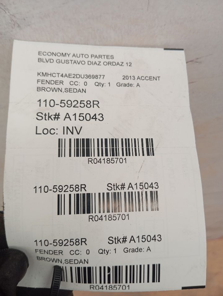2013 Hyundai ACCENT Fender