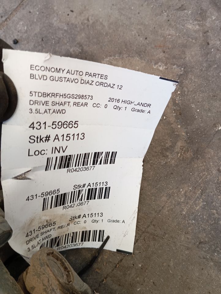 2016 Toyota HIGHLANDER Drive Shaft, Rear