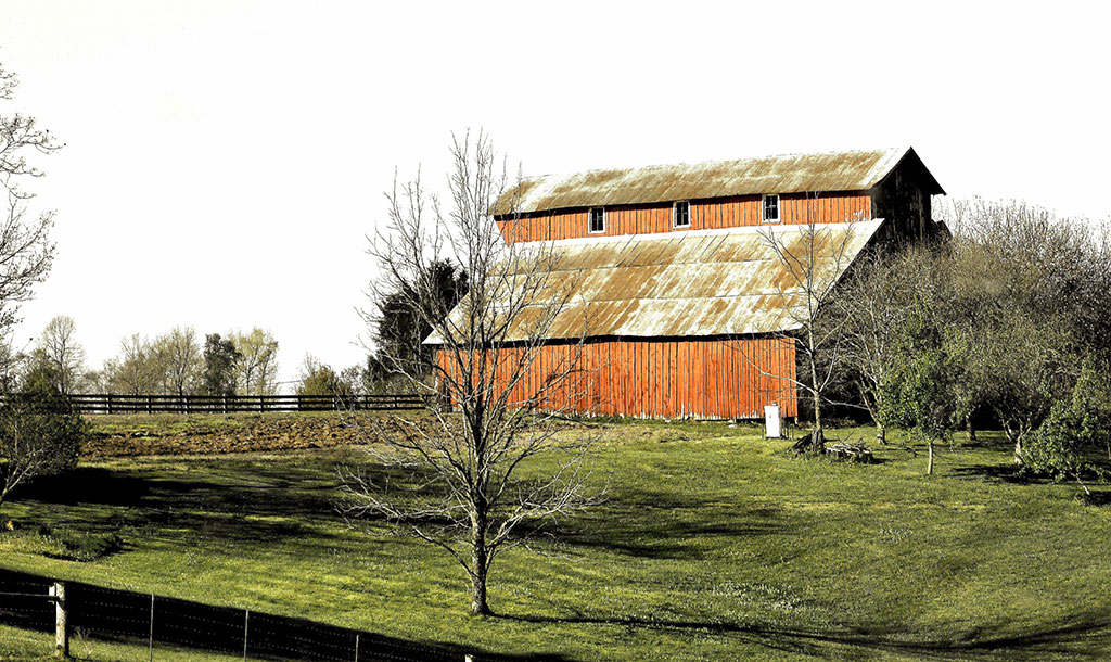 Wall art featuring red gabled barn behind black farm fencing