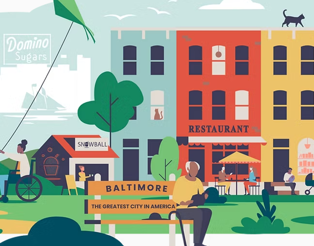 Background cartoon-style image of Baltimore