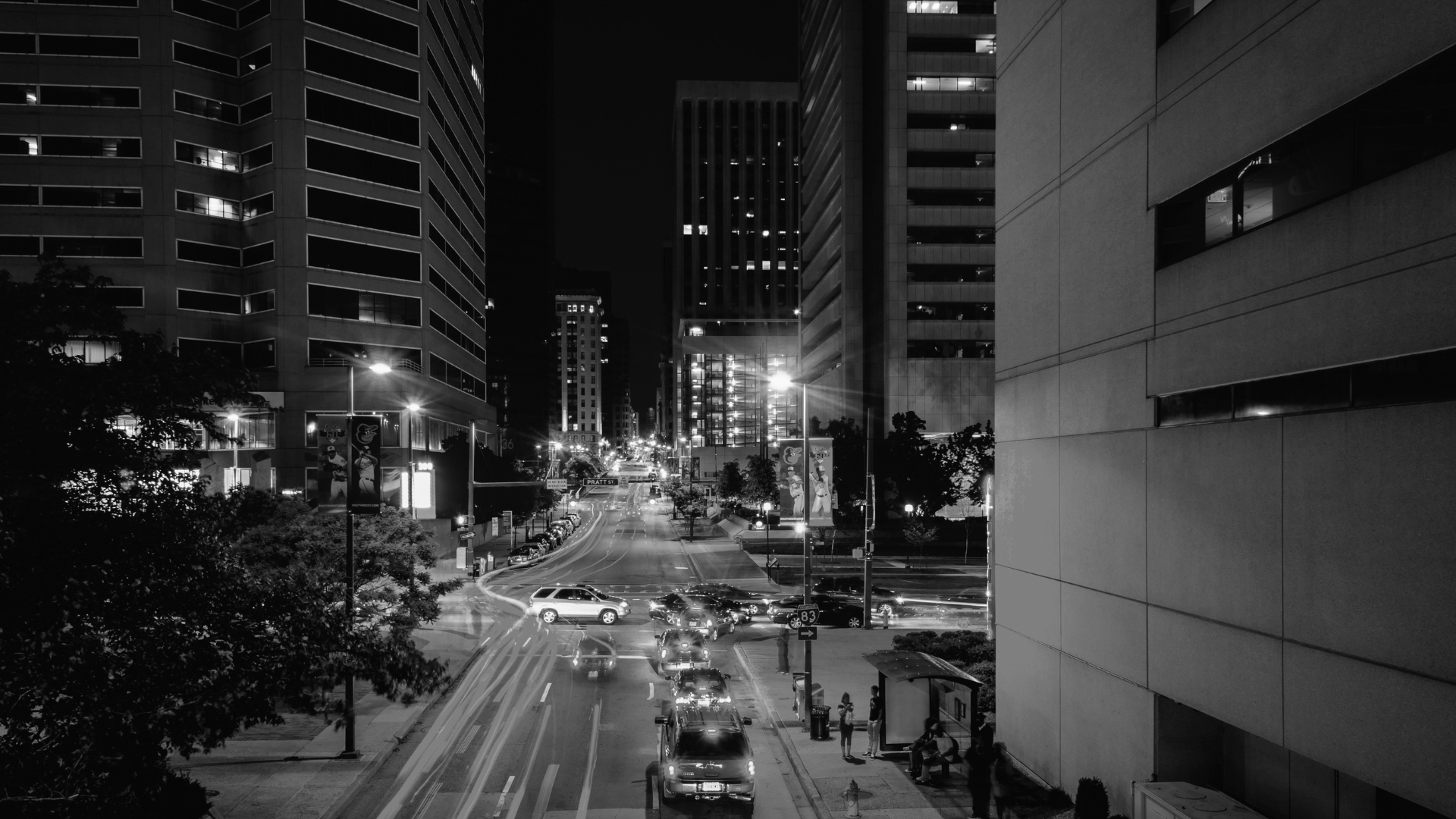 Black and white photo of a street in Baltimore 