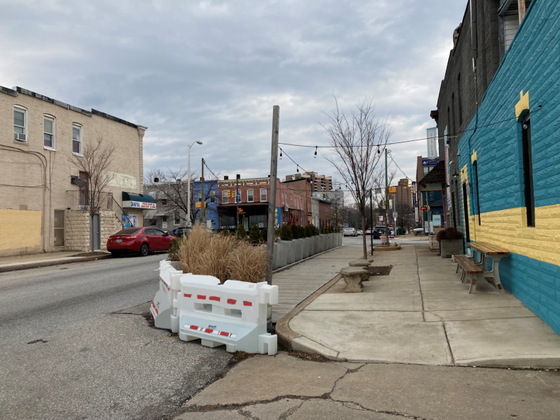 Road blockage expanding a sidewalk
