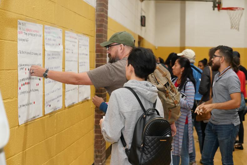 A group of adults look at flip chart pages stuck to a gymnasium wall.