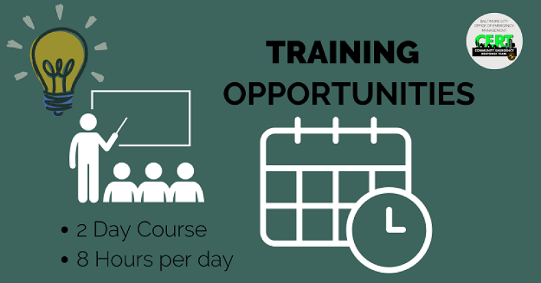 Clipart of people at a blackboard and a calendar.  Text training opportunities, 2 day course, 8 hours per day