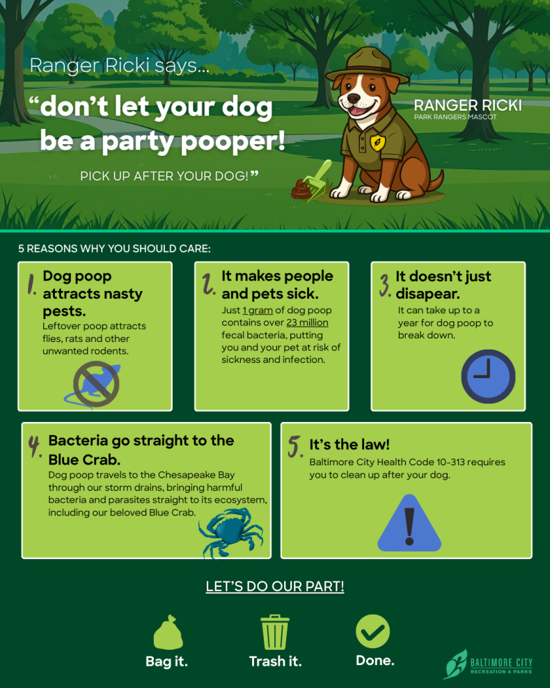 A cute cartoon style graphic of a dog saying "Don't let your dog be a party pooper!" encouraging owners to pick up after their dogs