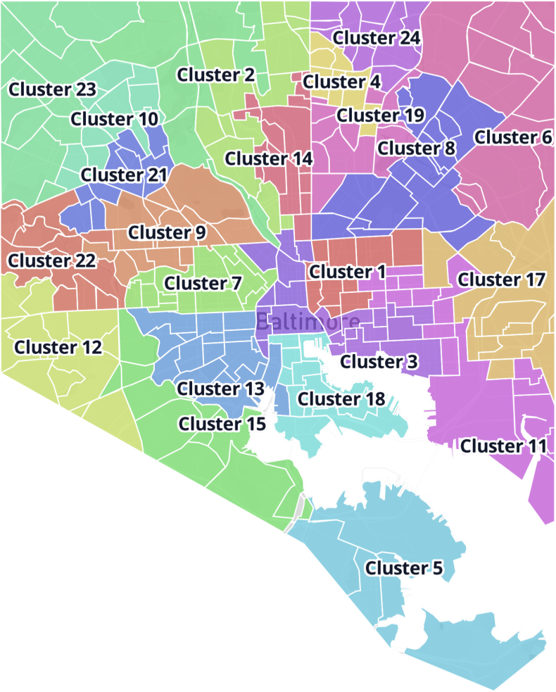 Map of Charm City Cleanup clusters.  See link below image for text version.