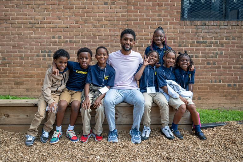Mayor Scott with students during first day of school