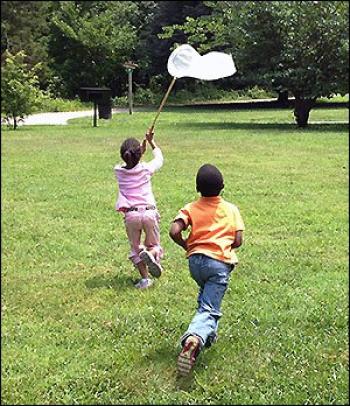 Two children run away from the camera. One holds a butterfly catcher in the air.