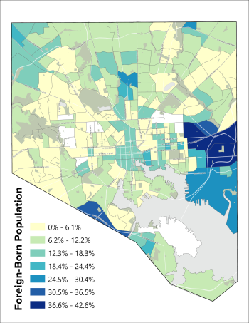 A heat map visualization of the foreign-born population in Baltimore City