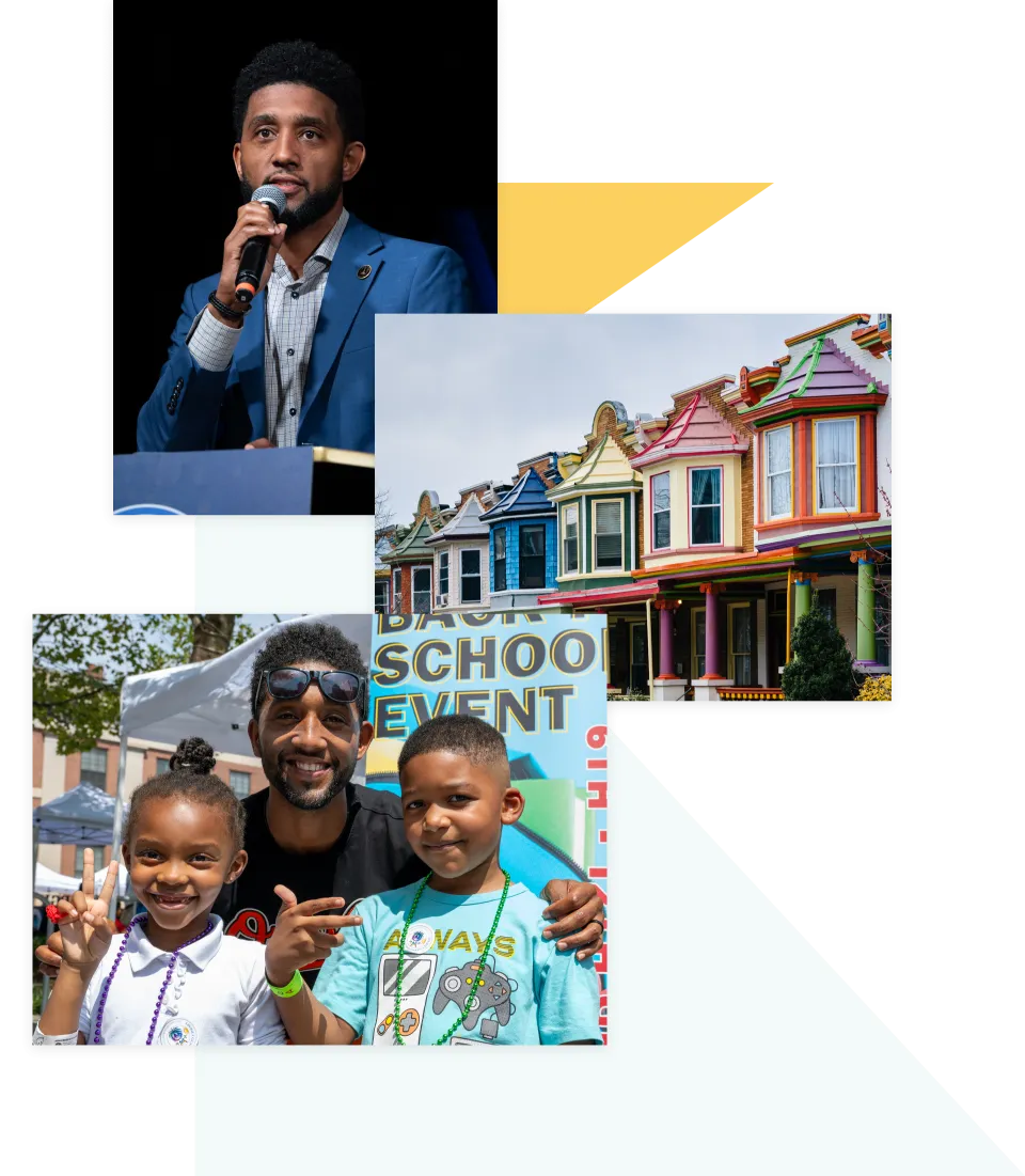 Better Baltimore picture collage, Mayor Scott speaking, Baltimore homes, back to school event