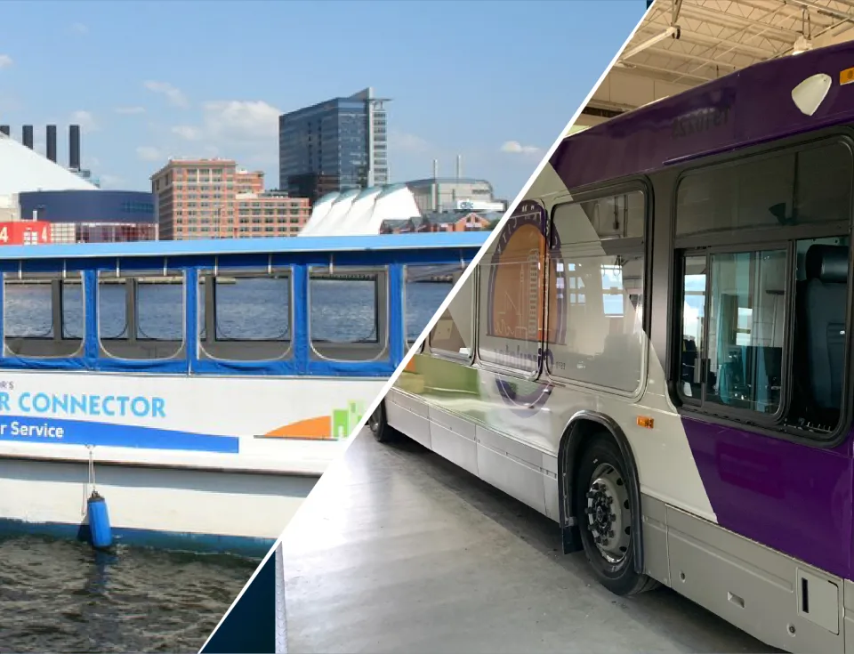 A banner with a ferry on one side and a city bus on the other