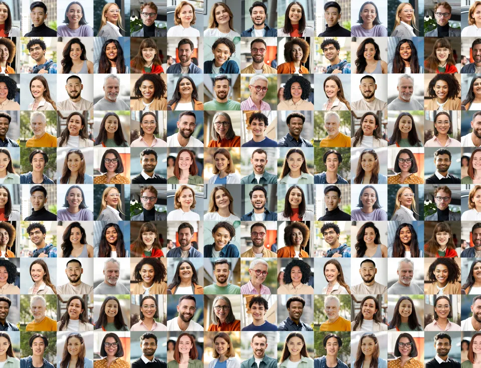 Collage of multiracial smiling different business people.