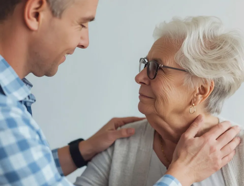 The image shows a younger man gently holding an older woman’s shoulders while they look at each other and smile.