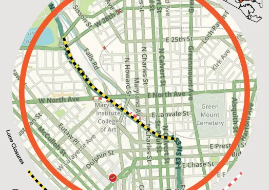 Graphic from the Baltimore City Department of Transportation announcing lane closures on I-83 southbound from April 17, 9 a.m. to April 19, 11 p.m. A street map of central Baltimore shows the affected area circled in orange, with lane closures marked by a yellow and black dashed line running along I-83 southbound near the Maryland Institute College of Art and Green Mount Cemetery. Ramp closures are indicated with a red dashed line. A small inset map in the upper right shows the affected area within Baltimor