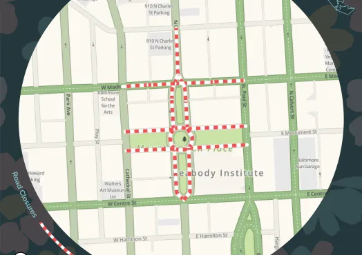 Graphic from the Baltimore City Department of Transportation announcing Flower Mart road closures from Thursday, April 30, 9 a.m. until Saturday, May 2, 11:59 p.m. A street map centered on Mt. Vernon and the Peabody Institute shows road closures marked with red and white dashed lines around the event area, including sections of N Charles Street, W Madison Street, E Monument Street, and surrounding blocks near the Walters Art Museum and Baltimore School for the Arts. A small inset map in the upper right show