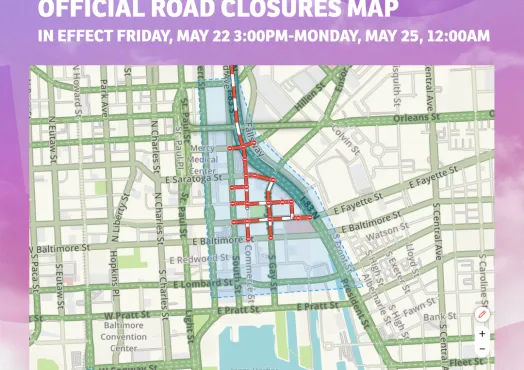 Artscape 2026 official road closures map for downtown Baltimore, in effect Friday May 22 at 3pm through Monday May 25 at midnight.