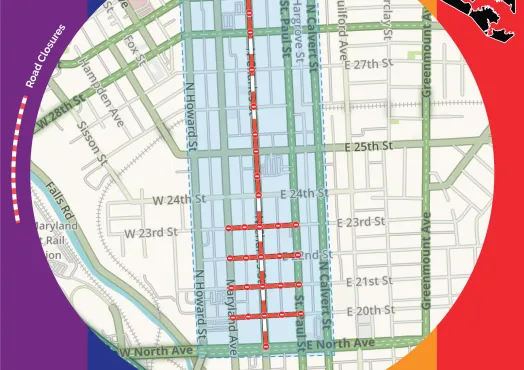 Graphic from the Baltimore City Department of Transportation announcing Pride road closures on Saturday, June 13, 6 a.m. to 6 p.m. The design features a Pride flag color scheme background with vertical stripes in purple, blue, green, yellow, orange, and red. A street map of Baltimore's Midtown area shows road closures marked with red and white dashed lines along N Howard Street, Gardner Street, and surrounding blocks between approximately 20th and 27th Streets. A small inset map in the upper right shows the
