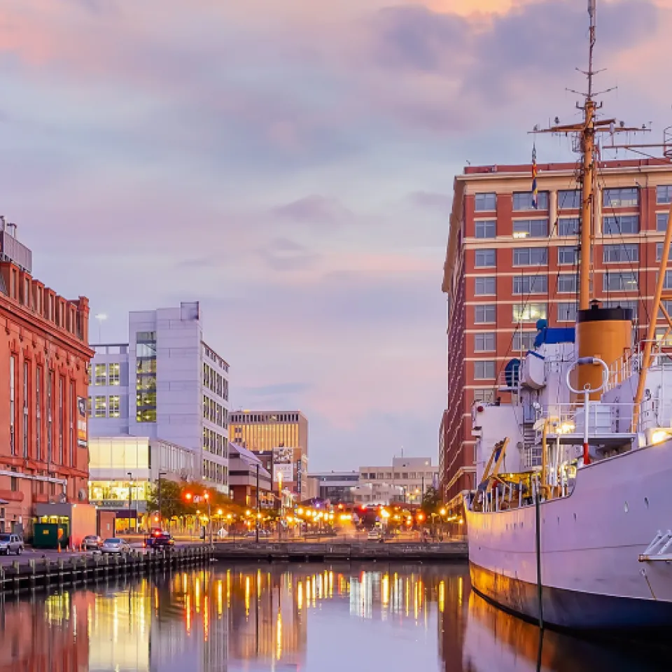 Downtown waterfront with a ship