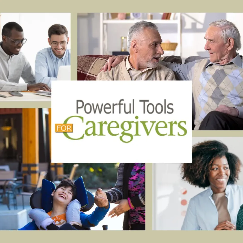 Promotional graphic for ‘Powerful Tools for Caregivers’ featuring diverse caregivers and care recipients, with Iowa State University Extension and Outreach branding.