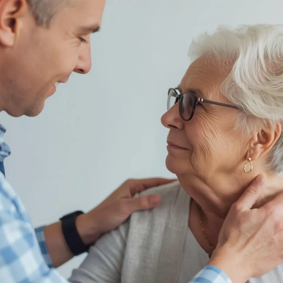 The image shows a younger man gently holding an older woman’s shoulders while they look at each other and smile.