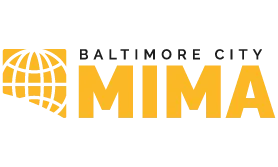 Logo of the Mayor's Office of Immigrant Affairs (black globe outline overlaid on gold Baltimore City map)