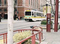 A downtown plaza and trolley in Sacramento