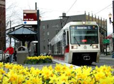 A trolley on a street in Portland, Oregon