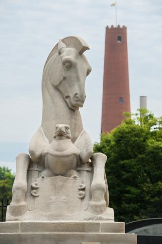 War Memorial Seahorse in foreground and Shot Tower in background