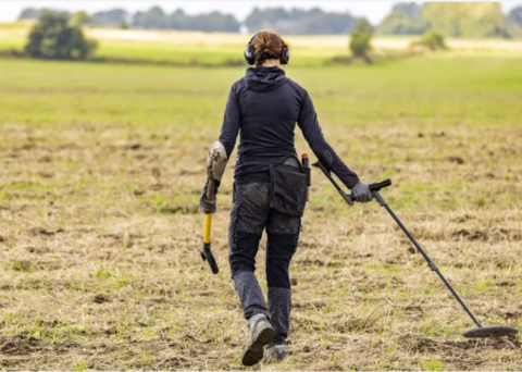 Person in a field with a metal detector