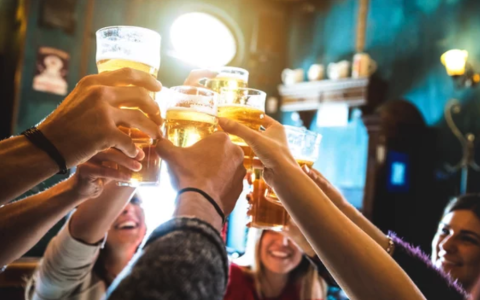 adults toasting with drinks at a bar