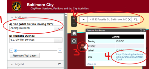 Example guidance for using CityView to find zoning information. Step #1 is to type in Zoning (Current), Step #2 is to type in the address of interest, Step #3 is to click the red pin, Step #4 is to click the link in the table.